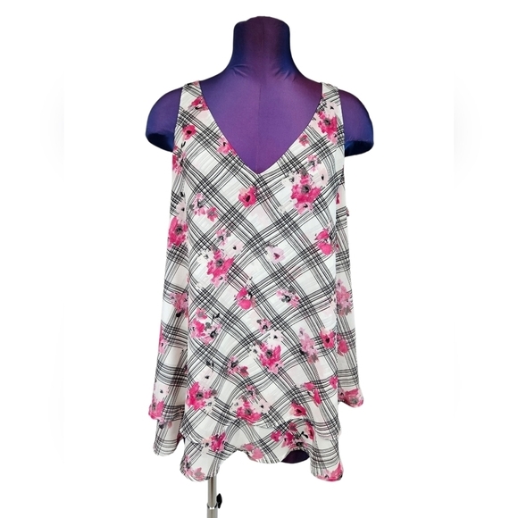 Lane‎ Bryant Black White Plaid Pink Floral Print Layered Chiffon Top Size 16 - Picture 8 of 8
